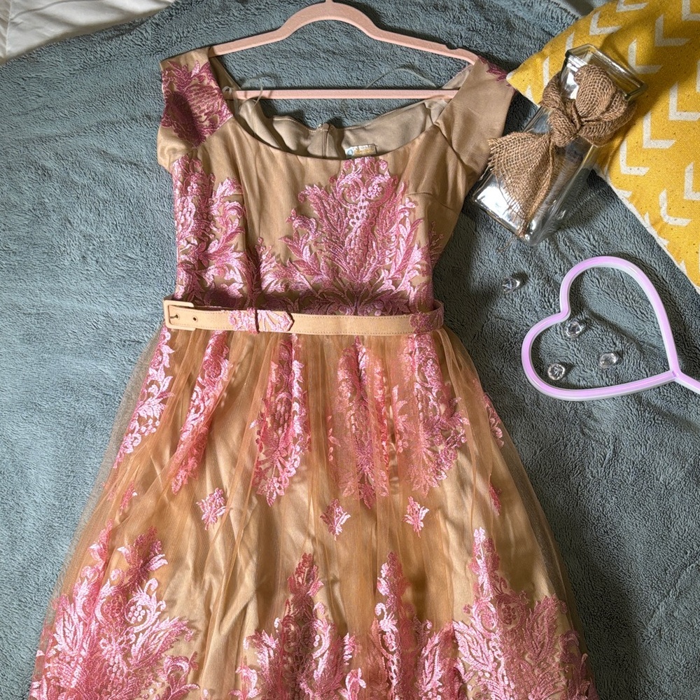 Rubber Ducky Productions Pink and Tan Midi Dress